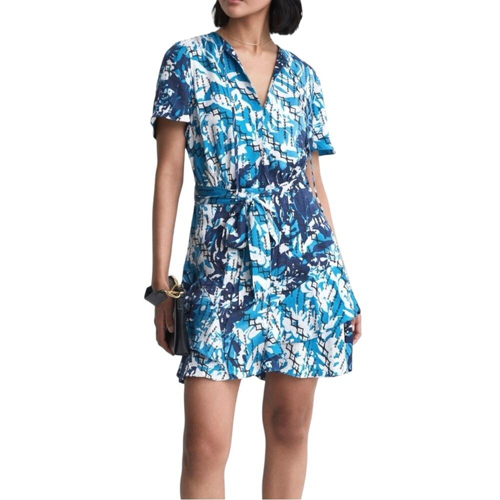 NWT Reiss Posey Ditsy Print Italian Fabric Blue Mini Dress US 0